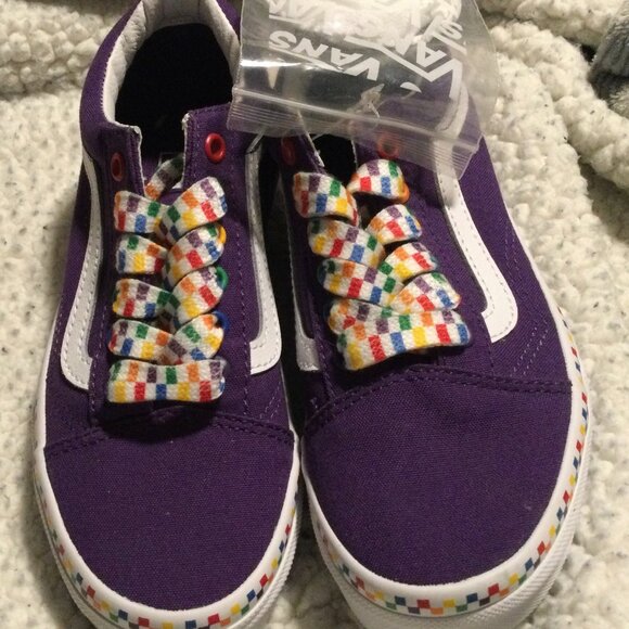 Vans Sneakers Old Skool Rainbow Checkerboard Purple Skate Shoes Kid's Size 2 NEW - Picture 1 of 5